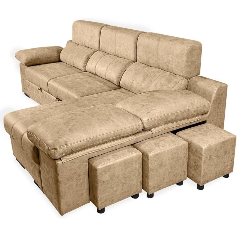 Sofá con Chaiselongue Reversible Color Piedra, Asientos Extensibles y Arcón, 291x160x104 cm, Tapizado en Tela