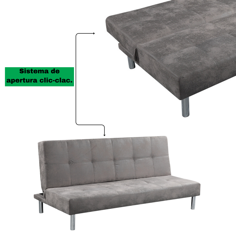 Sofá Cama 3 Plazas de Diseño Moderno, Estructura de Madera, Tapizado Color Cemento, 188x88x88 cm