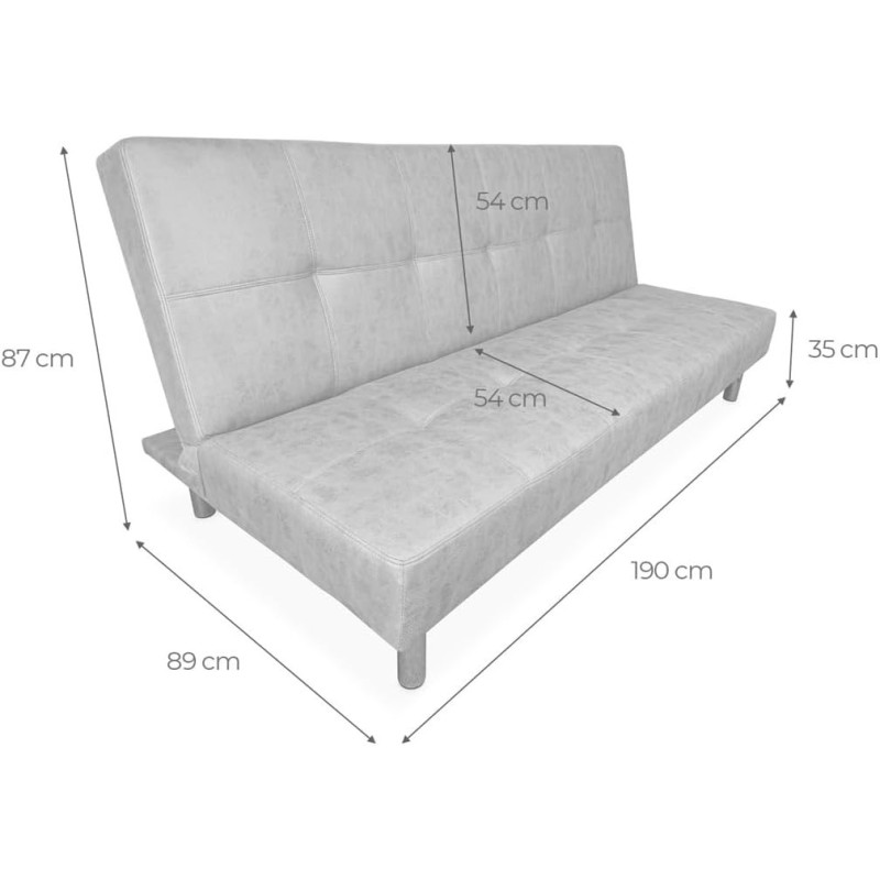 Sofá Cama 3 Plazas de Diseño Moderno, Estructura de Madera, Tapizado Color Cemento, 188x88x88 cm
