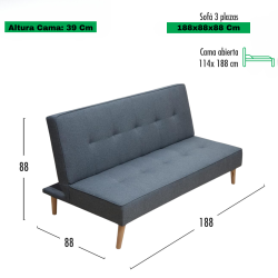 Sofá Cama Clic Clac 3 Plazas Tipo Libro, Color Gris, Diseño Moderno, 188x88x88 cm