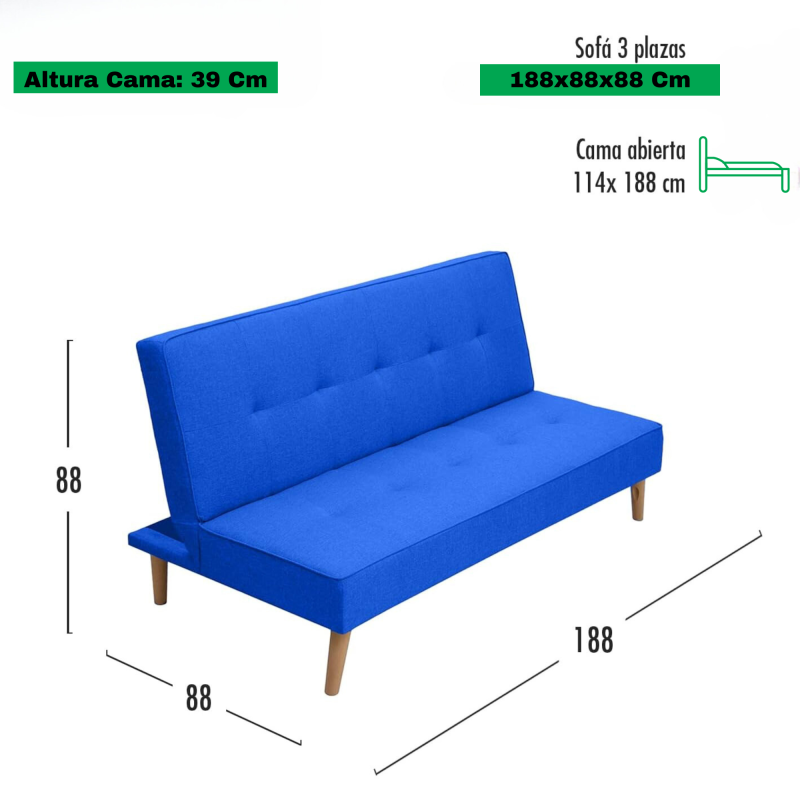 Sofá Cama Clic Clac 3 Plazas Tipo Libro, Color Azul oscuro, Diseño Moderno, 188x88x88 cm