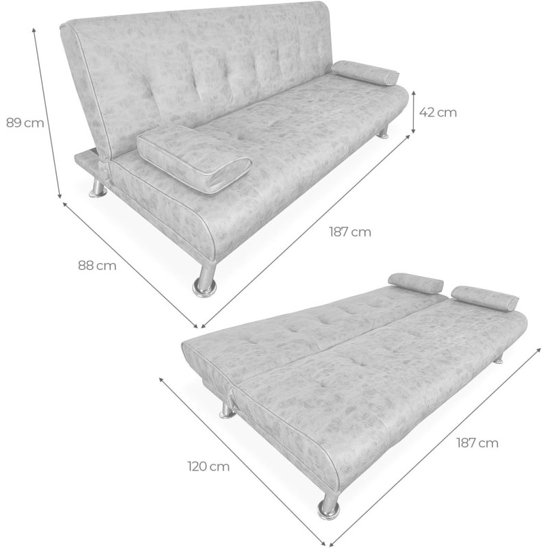 Sofá Cama 3 Plazas de Diseño Moderno con Cojines Decorativos, Estructura de Madera, Color Gris Cemento, 188x88x88 cm