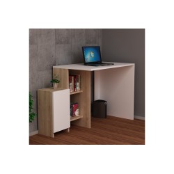 Escritorio de Oficina Moderno en Color Blanco y Roble - 113x55x74 cm - Con Cajón y Estantes