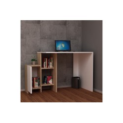 Escritorio de Oficina Moderno en Color Blanco y Roble - 113x55x74 cm - Con Cajón y Estantes