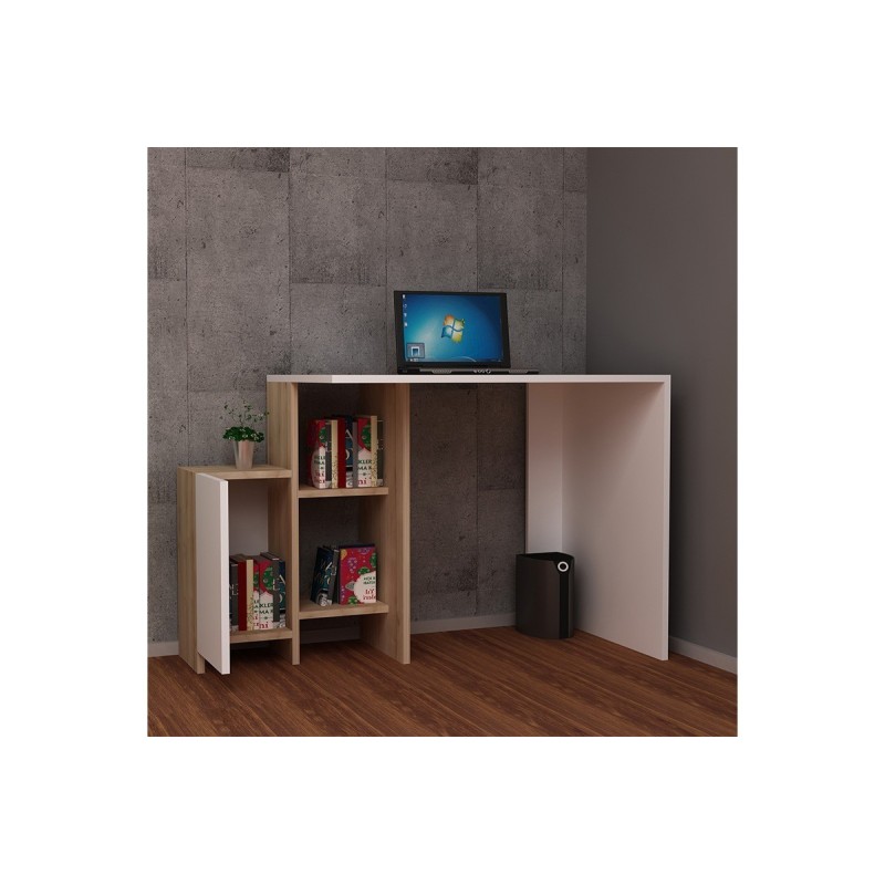 Escritorio de Oficina Moderno en Color Blanco y Roble - 113x55x74 cm - Con Cajón y Estantes