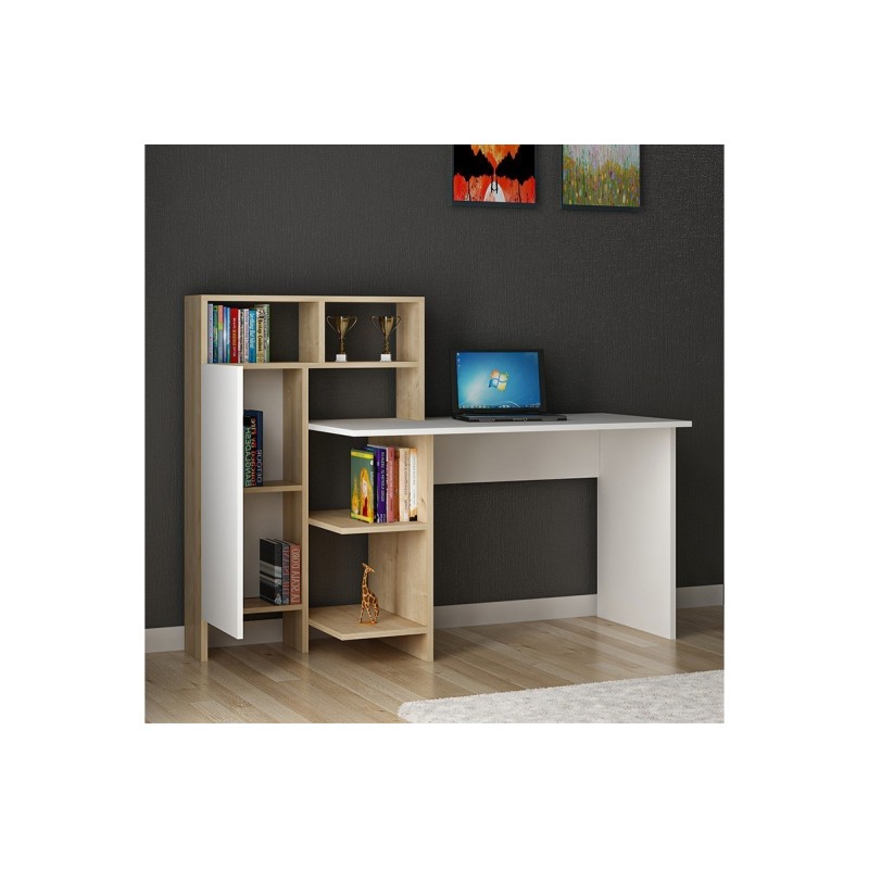 Escritorio de Oficina con Estantes y Amplio Cajón, Blanco-Roble, 90x75x120cm - Organización Eficiente