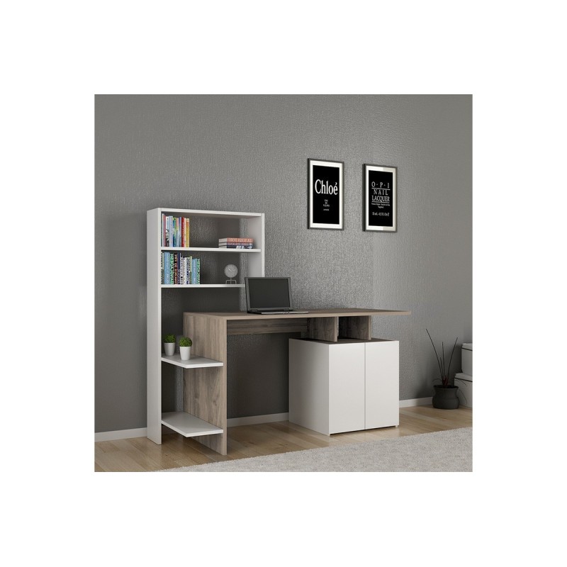 Mesa de Despacho con Estantería y 2 Cajones, Gris-Beige-Blanco, 146x60x129 cm, Diseño Moderno para Oficina