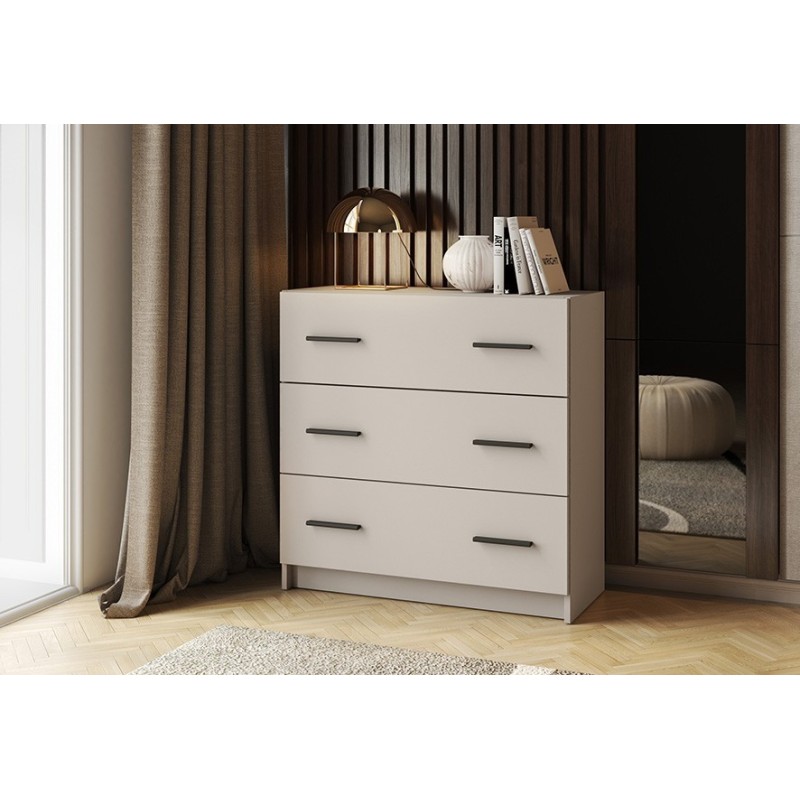 Cómoda de 3 Cajones para Dormitorio, Cajonera Dormitorio, Acabado en Beige y Negro, 80 cm (Lar) x 81 cm (Al) x 34,4 cm (Fon)