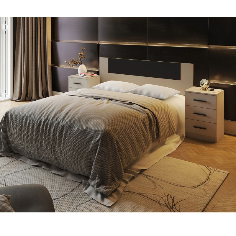 Conjunto Pack Cabecero y 2 Mesitas de Noche,Mesilla de noche 3 Cajones Color Beige, Medidas:160x45x1,6 cm (LargoxAltoxProfundo)