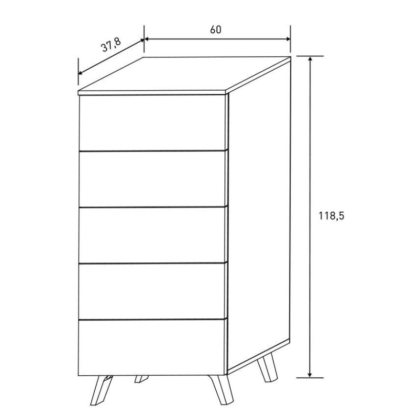 Sinfonier con 5 Cajones y con Patas, Comoda Cajonera Dormitorio, Color Mauvella-rayas, 60cm (Anc) x 118,5cm (Al) x 37,8cm (Fon)