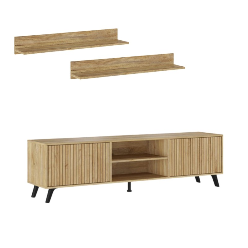 Conjunto de Salón Mueble Completo: Bajo TV, Mueble Bar, Estantería y Mueble Colgar - Estilo Mauvella Rayas.