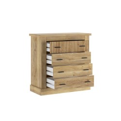 Pack de Muebles de Dormitorio Habitación con Cabecero, 2 Mesitas de Noche 3 Cajones y Cómoda en Color Mauvella Rayas