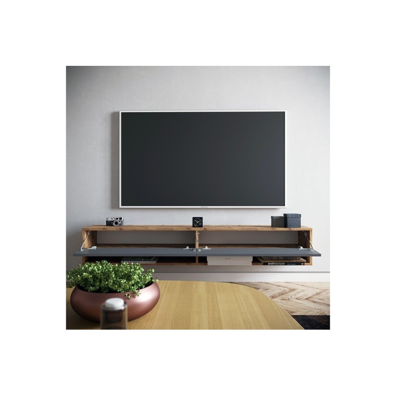 Mueble de TV de Pared Moderno Antracita-Roble - 180x31,5x29,5 cm - 2 Cajones y Estantes.