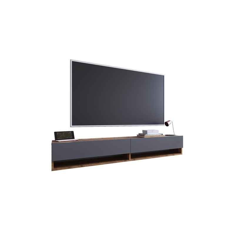 Mueble de TV de Pared Moderno Antracita-Roble - 180x31,5x29,5 cm - 2 Cajones y Estantes.