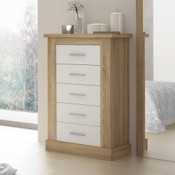 Cómoda, Sinfonier 5 Cajones, Acabado en Blanco y Cambrian, Medidas: 66 cm (Ancho) x 107 cm (Alto) x 39,6 cm de (Fondo)