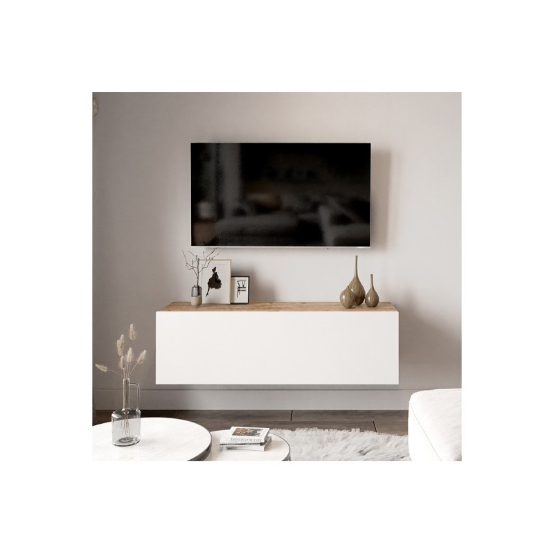 Mueble TV Moderno con Puerta en Melamina Color Blanco y Cambria 100x31.5x29.6cm - Diseño Elegante para Salón.