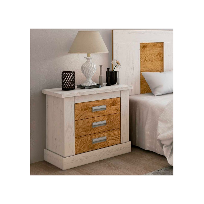 Mesita de Noche 3 Cajones, Mesilla de Dormitorio, Color Andersen Pino-Roble , Medidas: 66 cm (anc) x 39,6 cm (Fo) x 63,8 cm (Al)