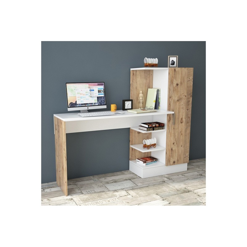 Escritorio con Estantes y Estantería, Color Blanco-Roble, 152.5x40x120cm