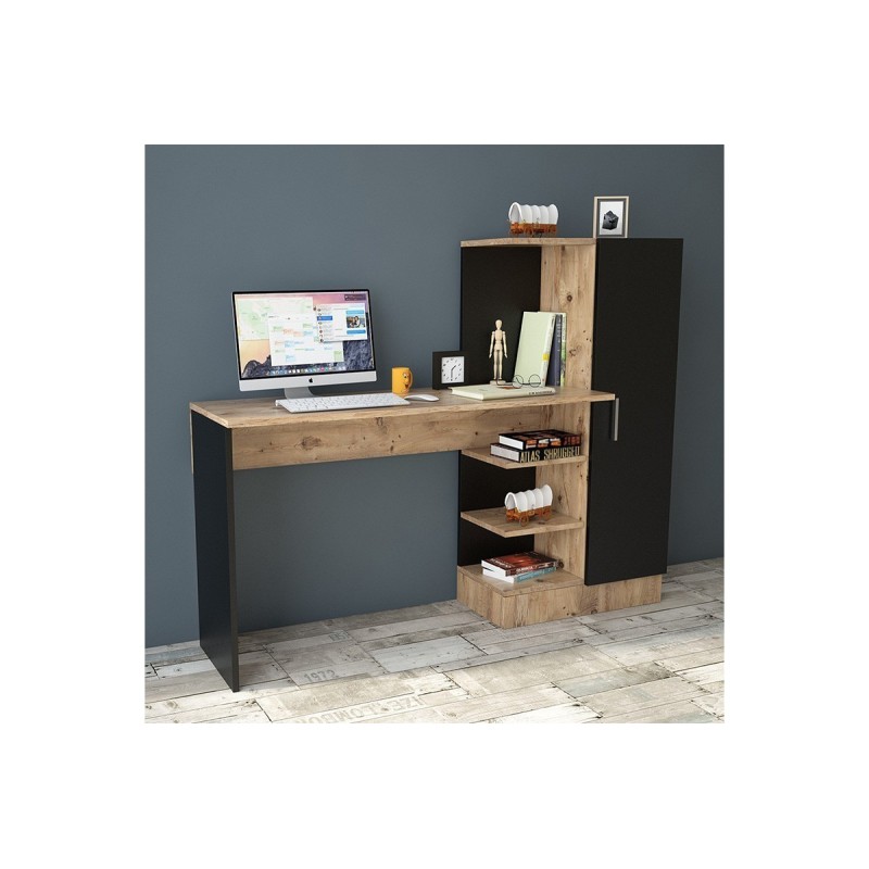 Escritorio con Estantes y Estantería, Color Negro-Roble, 152.5x40x120cm