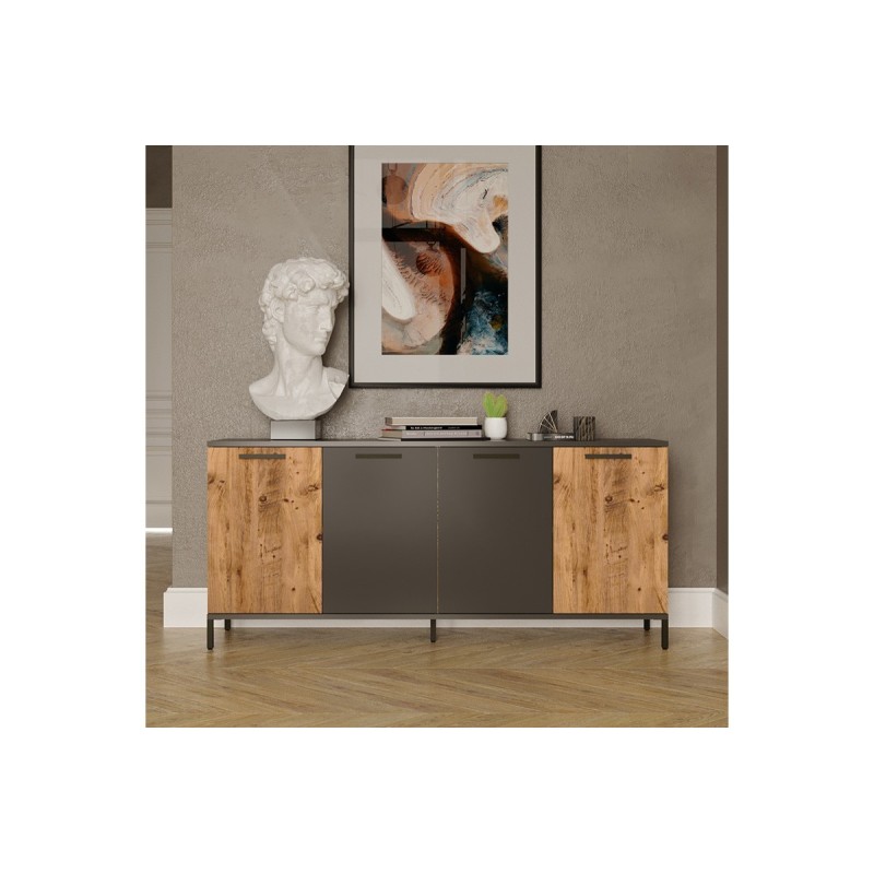 Buffet Moderno de 4 Puertas - Color Gris Oscuro-Roble - 160x40x72cm - Elegante Almacenamiento para Comedor.