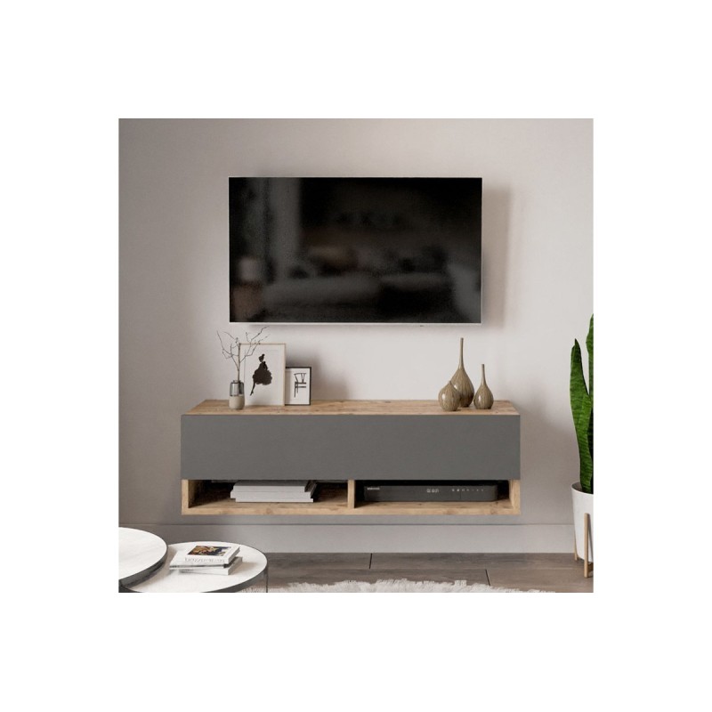 Mueble TV Moderno con 1 Puerta y Estantes en Melamina Color Antracita y Cambria - 100x31.5x29.6cm