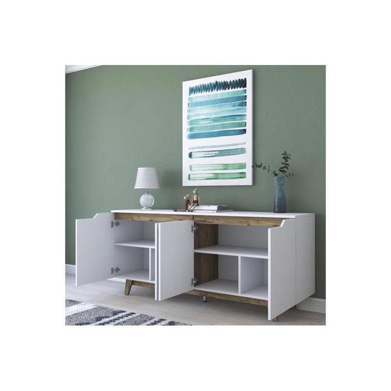 Buffet con 4 Puertas y Patas de Madera Resistente - Nogal-Blanco - 180x45x78,5cm