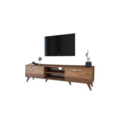 Mueble de TV en Nogal con 2 Cajones y Estantes - 180x35x48.5 cm con Patas de Madera.