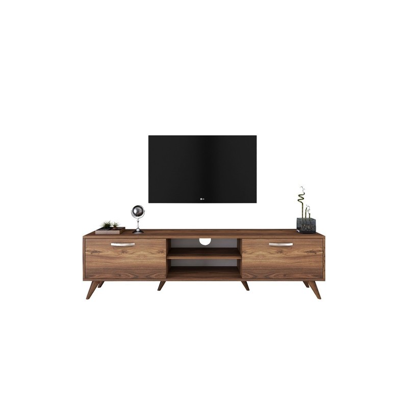 Mueble de TV en Nogal con 2 Cajones y Estantes - 180x35x48.5 cm con Patas de Madera.