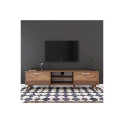 Mueble de TV en Nogal con 2 Cajones y Estantes - 180x35x48.5 cm con Patas de Madera.