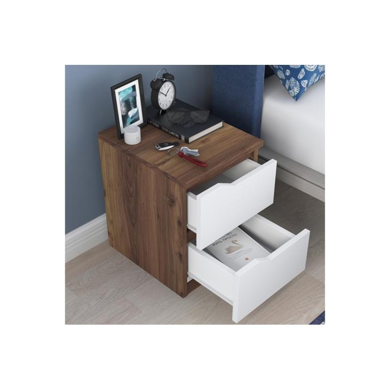 Mesilla de Noche en Nogal y Blanco, 35x40x47 cm, con 2 Cajones