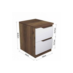 Mesilla de Noche en Nogal y Blanco, 35x40x47 cm, con 2 Cajones