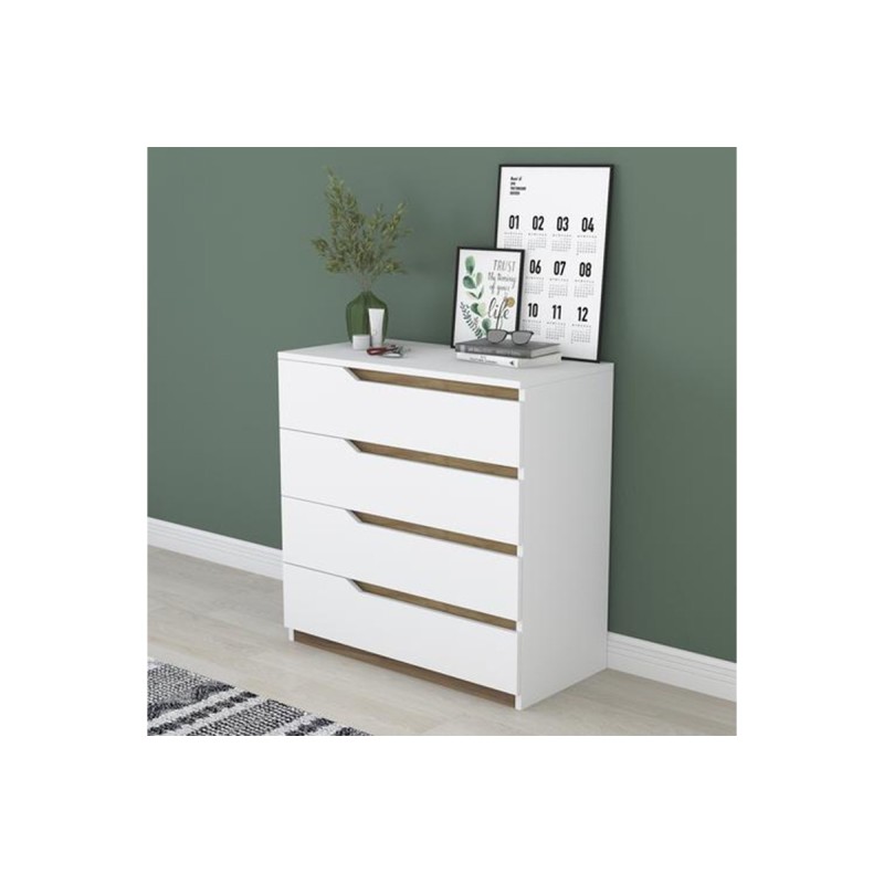Cómoda de 4 Cajones Blanco y Nogal - 80x47x92 cm - Diseño Moderno.