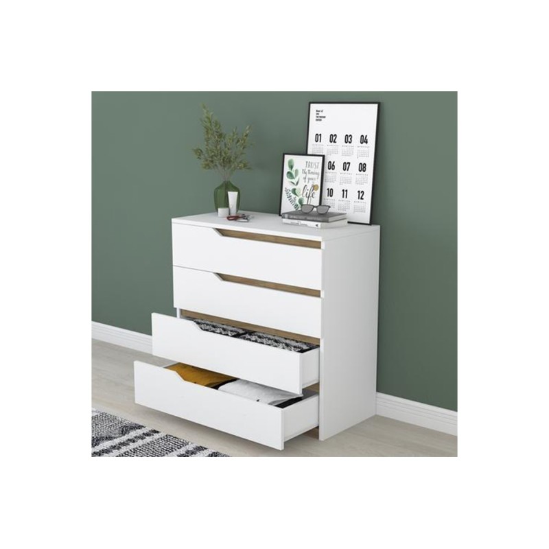 Cómoda de 4 Cajones Blanco y Nogal - 80x47x92 cm - Diseño Moderno.