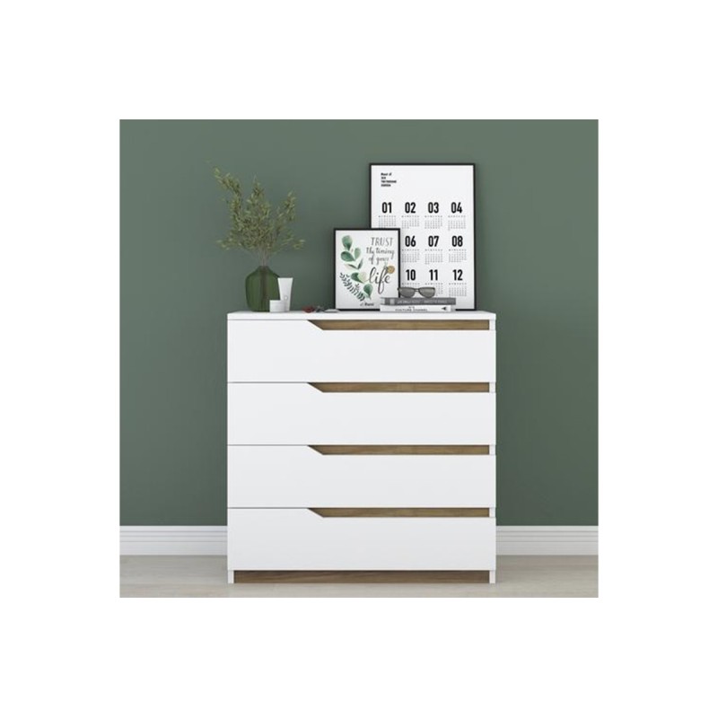 Cómoda de 4 Cajones Blanco y Nogal - 80x47x92 cm - Diseño Moderno.