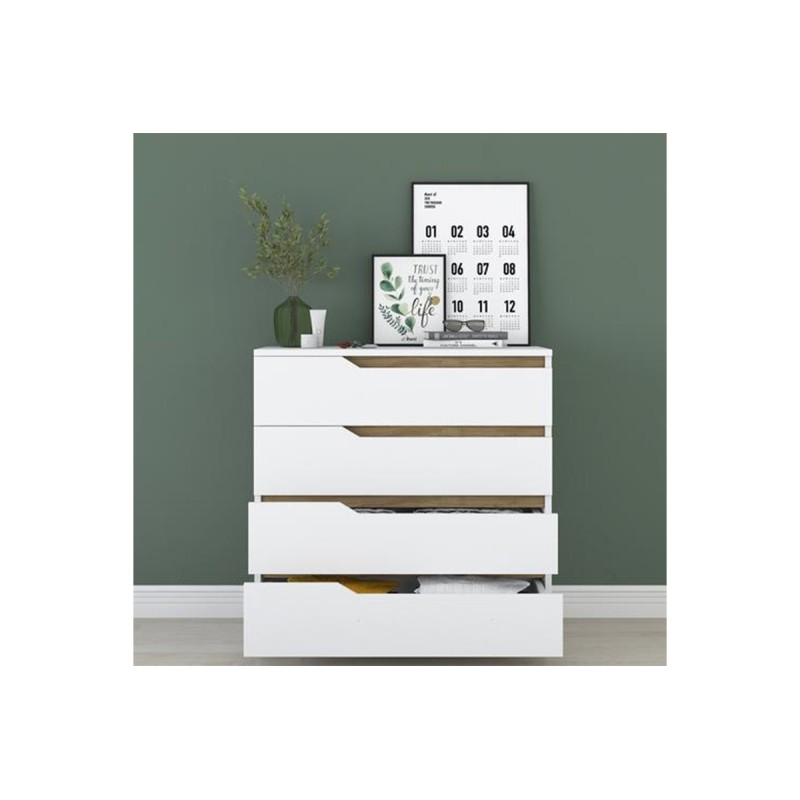 Cómoda de 4 Cajones Blanco y Nogal - 80x47x92 cm - Diseño Moderno.