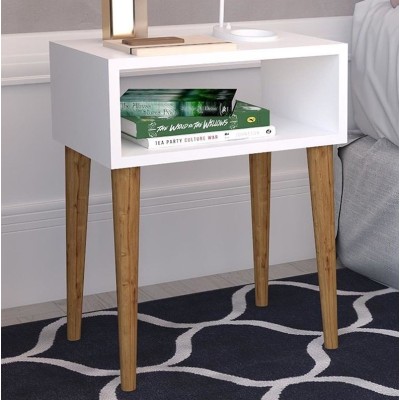 Mesita de Noche Blanca con Cajón y Patas de Madera - ¡Tamaño Ideal!