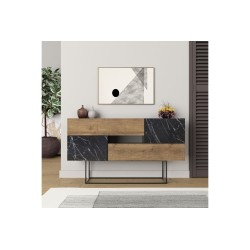 Buffet Moderno con Acabado en Mármol Negro y Madera, 145x40x82 cm, Patas Metálicas
