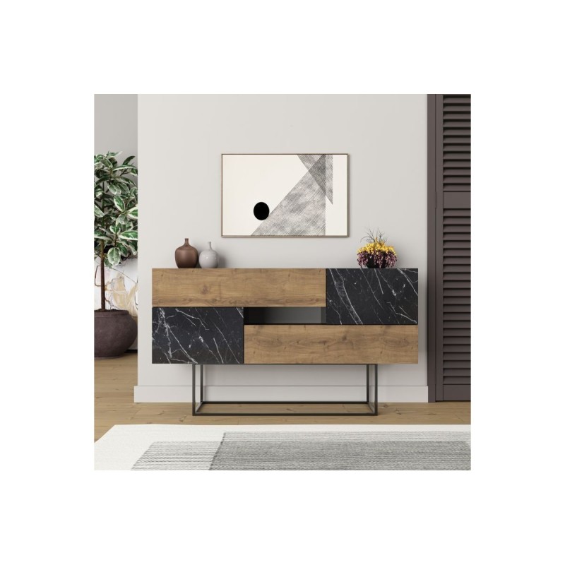 Buffet Moderno con Acabado en Mármol Negro y Madera, 145x40x82 cm, Patas Metálicas