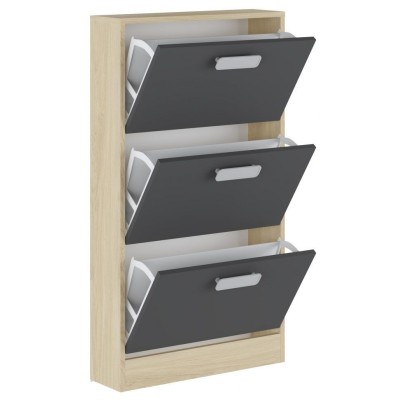 Zapatero 3 Puertas, Zapatero Estrecho, Acabado en Color Roble y Grafito, Medidas: 108 cm (Alto) x 60 cm (Ancho) x 17 cm (Fondo)