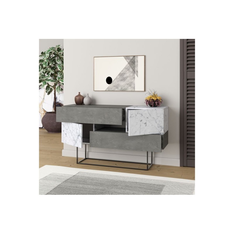 Buffet Moderno con Acabado en Mármol Gris Antiguo y Blanco, 145x40x82 cm, Patas Metálicas