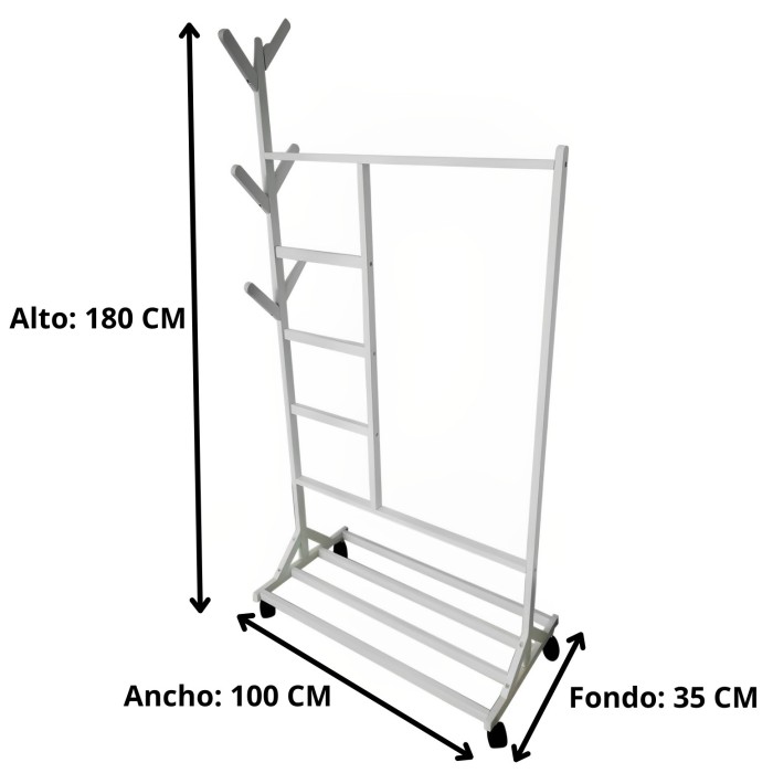 Perchero colgador multiusos con ruedas,  portatil, madera maciza color blanco