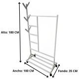 Perchero colgador multiusos con ruedas,  portatil, madera maciza color blanco