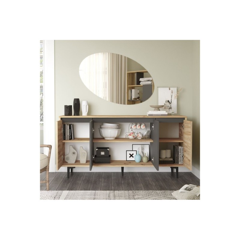 Aparador Moderno de 4 Puertas - Roble-Antracita - 160x40x78,5cm - Elegante Almacenamiento para Sala de Estar.