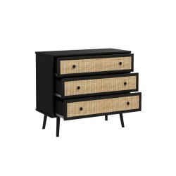 Cómoda de 3 Cajones con Patas de Madera - Negro y Natural - 90x39x79 cm - Mueble de Almacenamiento para Dormitorio