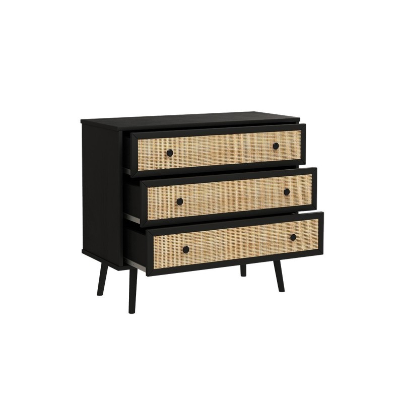 Cómoda de 3 Cajones con Patas de Madera - Negro y Natural - 90x39x79 cm - Mueble de Almacenamiento para Dormitorio