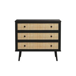 Cómoda de 3 Cajones con Patas de Madera - Negro y Natural - 90x39x79 cm - Mueble de Almacenamiento para Dormitorio