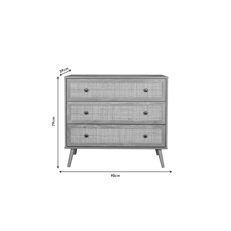Cómoda de 3 Cajones con Patas de Madera - Negro y Natural - 90x39x79 cm - Mueble de Almacenamiento para Dormitorio