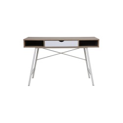 Mesa de Estudio y Trabajo con Cajones, Blanco y Roble, 120x48x76cm, Patas Metálicas - Moderna y Duradera