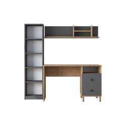 Mesa de Trabajo con Estantería y 2 Cajones, Color Antracita-Natural, 160x50x161.8 cm.