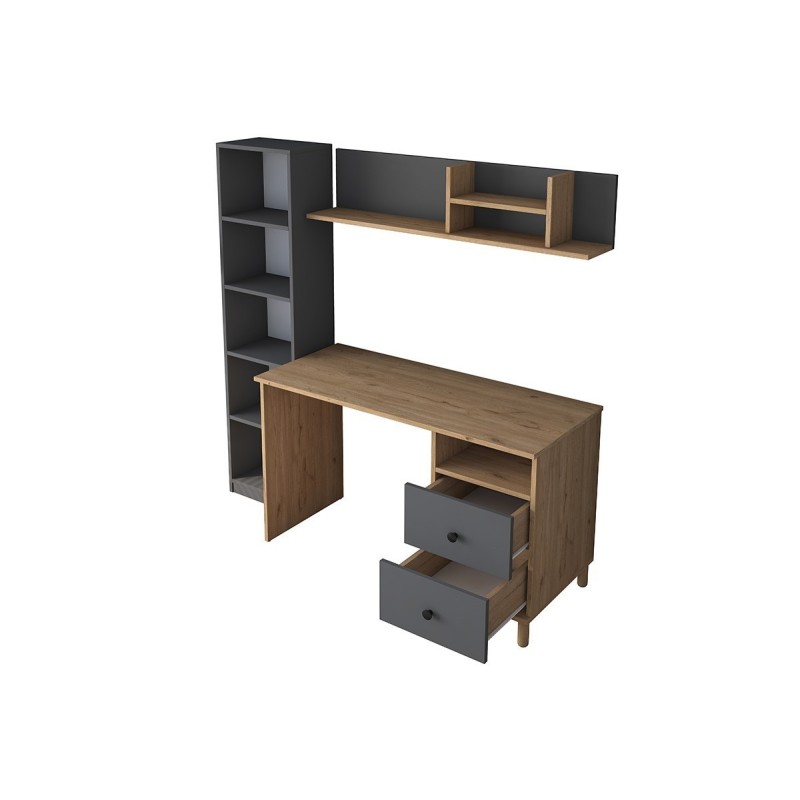 Mesa de Trabajo con Estantería y 2 Cajones, Color Antracita-Natural, 160x50x161.8 cm.